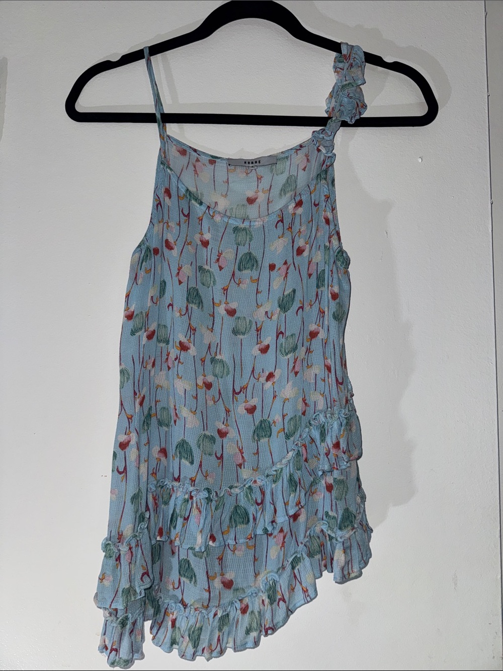 Floral One-Shoulder Ruffle Tank Top in Light Blue